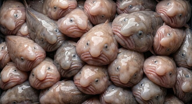 Group of blobfish stacked together in a pile displaying their unique gelatinous texture and distinctive sad facial expressions in a close up view