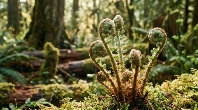 Close-up view of young green fern fiddleheads emerging from a moss-covered forest floor in a temperate rainforest with soft sunlight filtering through the dense canopy in background.