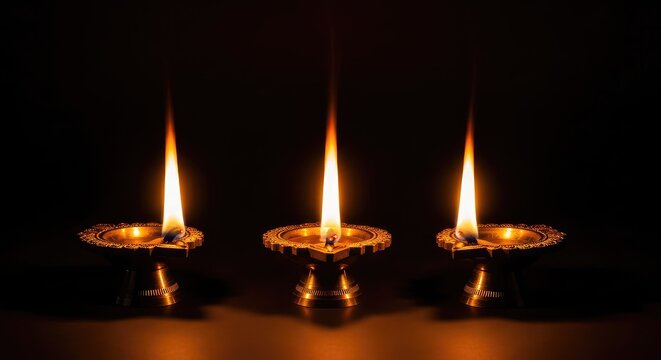 Three traditional brass oil lamps glow with warm orange flames against a dark background, celebrating light over darkness in a festive setting, vibrant, soft, holiday