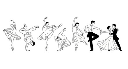 Fototapeta premium dance styles illustration featuring diverse dancers performing ballet breakdance and ballroom dance for artistic and cultural designs