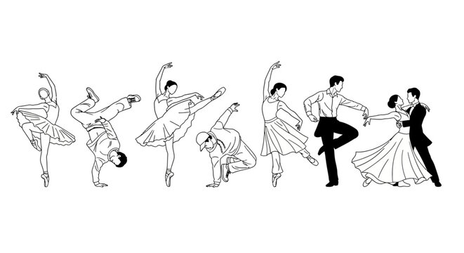 dance styles illustration featuring diverse dancers performing ballet breakdance and ballroom dance for artistic and cultural designs
