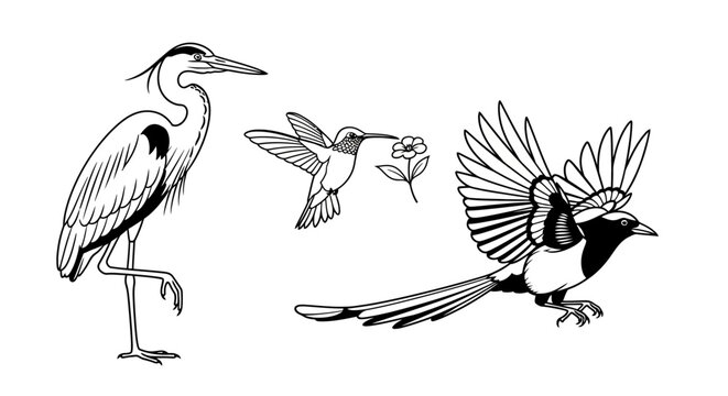 minimalist black and white vector illustration of a heron hummingbird with flower and flying magpie representing diverse avian wildlife