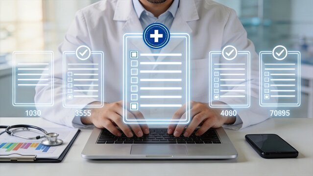 Doctor analyzing medical data reports on laptop, healthcare digital records management, patient history files, hospital information system, clinical research statistics, modern