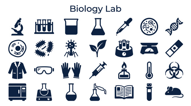 Collection of biology lab icons representing scientific research equipment experiments and life science concepts in a clean dark blue color palette