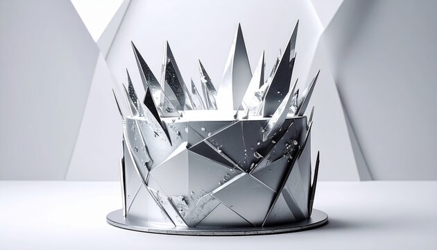 Striking silver geometric cake with sharp metallic fondant edges, a modern masterpiece for sophisticated celebrations.