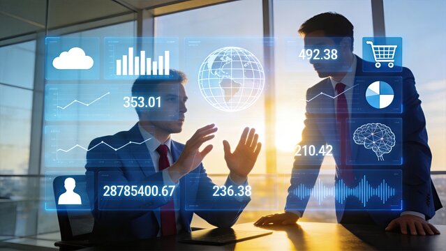 Business team analyzing holographic data charts, cloud computing and global network technology in modern office with big windows
