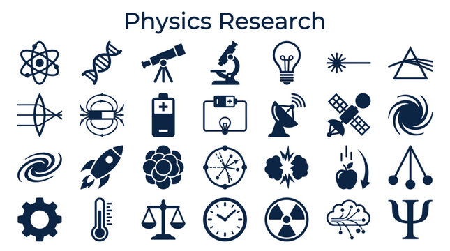 Physics research icons and symbols representing science technology and innovation with a dark blue color scheme