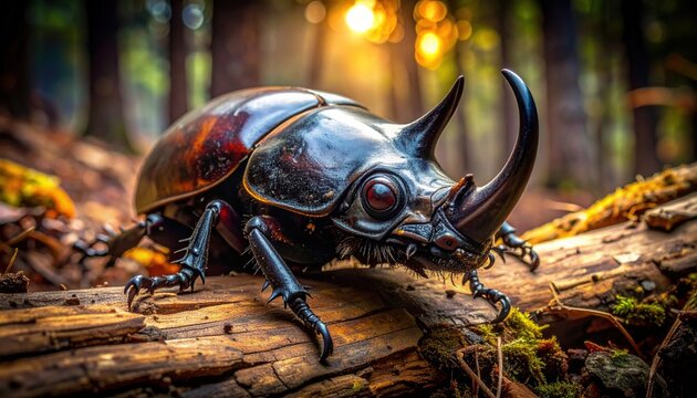 A detailed macro photograph of a rhinoceros beetle with a prominent horn resting on a textured wooden log in a sunlit forest