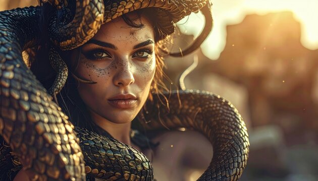 A detailed portrait of a mythical gorgon with serpentine hair, embodying ancient Greek legends.