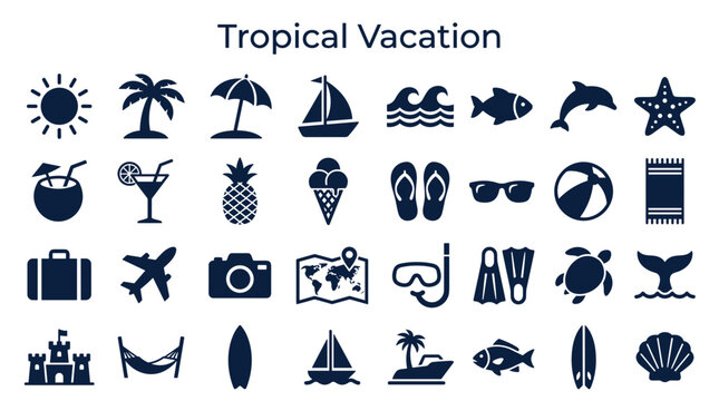 Collection of tropical vacation icons and symbols representing summer holidays beach relaxation travel and adventure elements