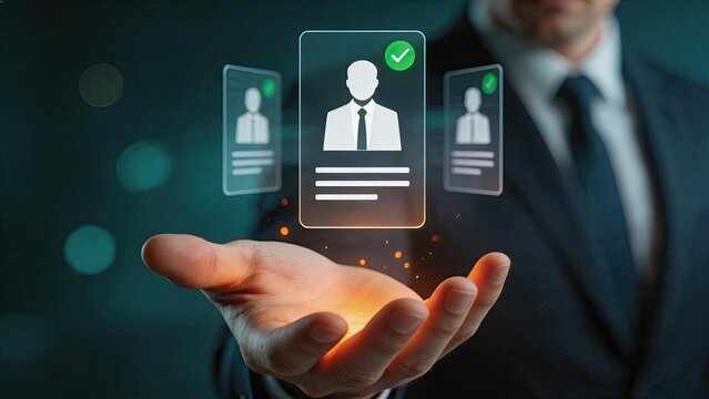 Hand holding hologram user profile icon with checkmark, digital identity verification and recruitment technology concept for business apps.