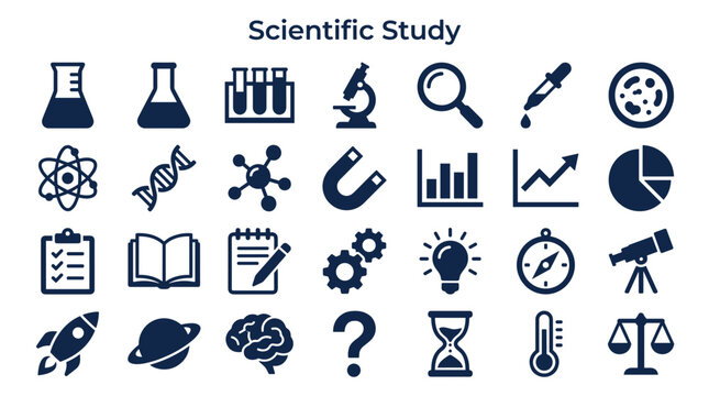 Scientific Study Icons Representing Research Discovery Innovation And Education With Chemistry Biology Physics And Astronomy Elements