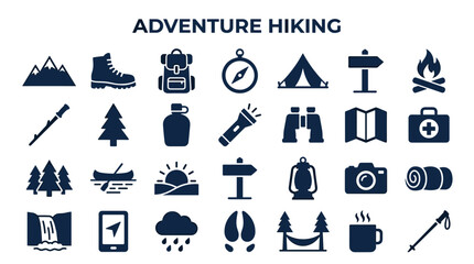 Adventure hiking icons set representing outdoor activities like camping trekking and exploration with essential gear and natural elements © Iconique Studio