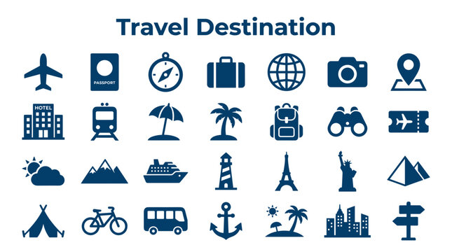 Collection of travel destination icons and symbols representing different modes of transport landmarks and vacation activities for tourism and adventure planning