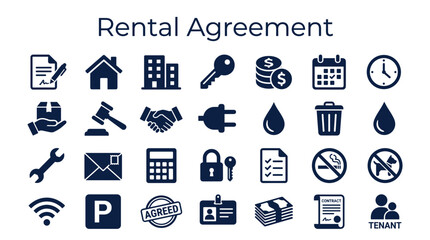 Fototapeta premium Rental Agreement Icons Set Representing Lease Terms Property Management Legal Documents and Tenant Responsibilities