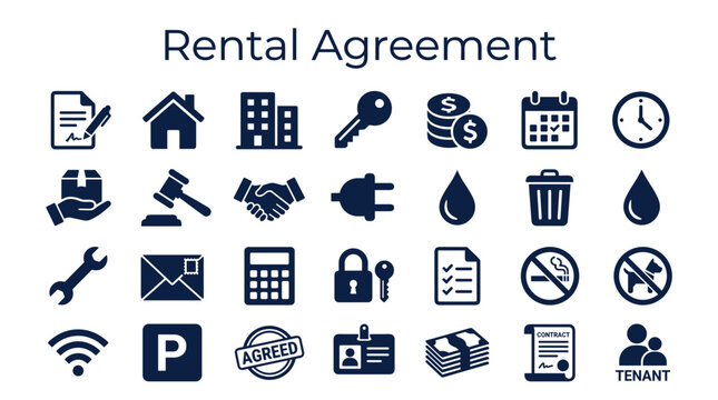 Rental Agreement Icons Set Representing Lease Terms Property Management Legal Documents and Tenant Responsibilities