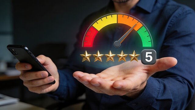 Customer giving five star rating and positive feedback on smartphone app with gauge meter indicating high satisfaction level and excellent service quality.