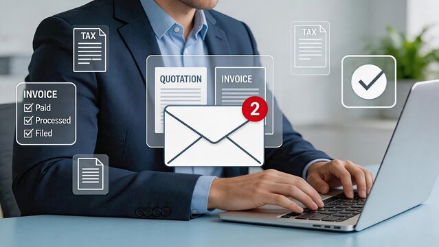 Businessman typing on laptop with digital invoice and tax documents, email communication, financial administration and accounting concept, online payment processing, billing