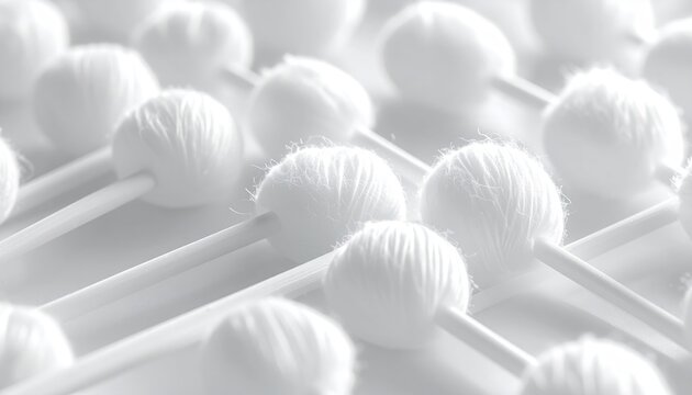 Assortment of sterile cotton swabs arranged in rows for medical or cosmetic applications
