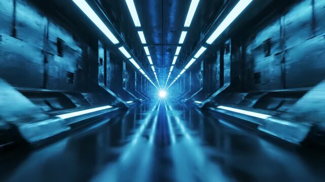Symmetrical futuristic sci-fi corridor with glowing blue neon light panels on metallic walls and ceiling leading to a bright light at the vanishing point with reflections on the floor.