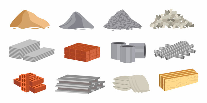 Construction building materials set. flat vector illustration with sand, cement, gravel, and stones. Cartoon graphic of bricks, wooden planks, concrete and metal pipes. Element for house renovation.