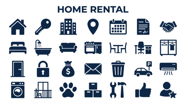Home rental concept icons representing key services and amenities for renting a house or apartment including furniture and security features