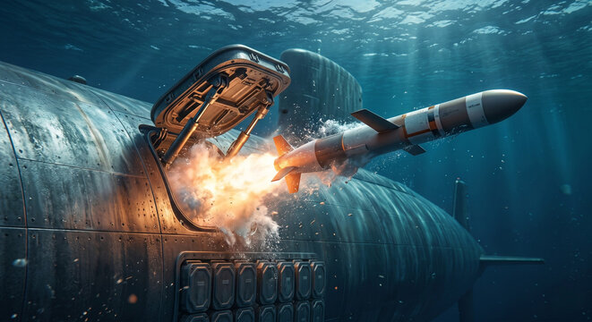 Submarine missile launch underwater with fire and splash.