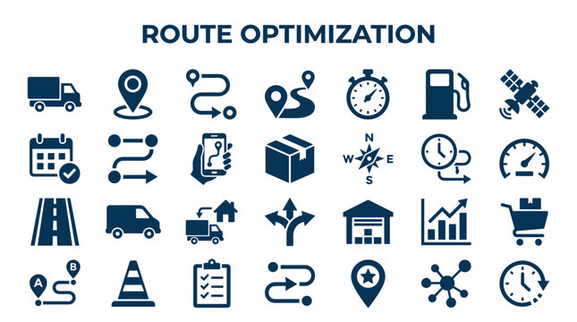 Route optimization logistics delivery planning and tracking icons set representing transportation management and supply chain efficiency