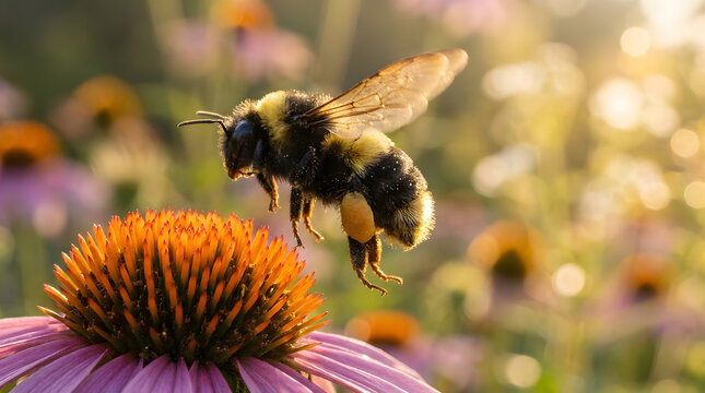 Fuzzy yellow black bumblebee nectar collection vibrant purple orange echinacea garden petals. Nature, garden, bee, wildlife, floral, vibrant, colorful, summer, pollination, agriculture