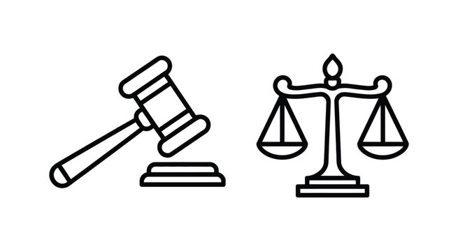 Law and justice icons gavel and weighing scale court judgment fairness vector illustration