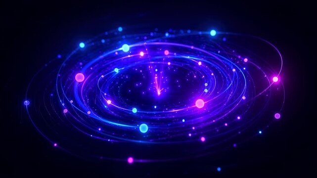 Abstract vortex glowing particle neon light energy swirl cosmic spiral ignition digital futuristic orbit ring trail motion blue purple galaxy star