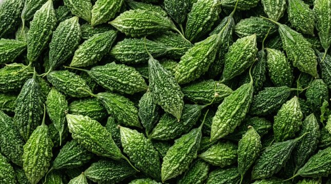 Fresh organic bitter melon vegetables arranged in a dense pile creating a vibrant textured green surface pattern for healthy culinary backgrounds and concepts