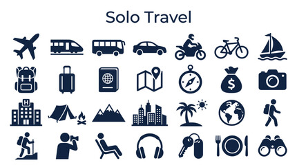 Fototapeta premium Solo Travel Icons and Symbols Representing Journey Transportation Accommodation Activities and Destinations