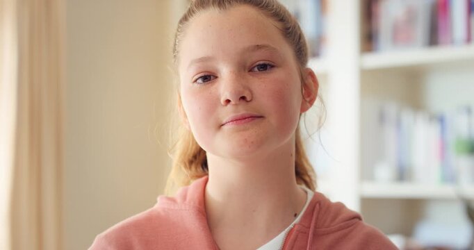 Smile, education and face of child at school with confidence for scholarship, growth or development. Study, kid and portrait of girl student with pride for learning or academic knowledge on campus.