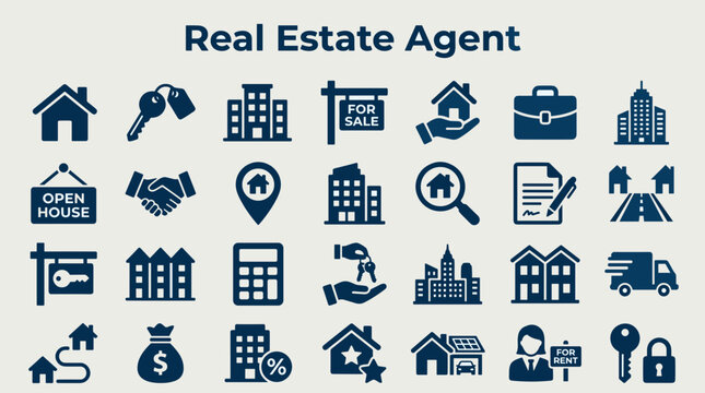 Real Estate Agent Icons Collection Representing Property Business Services And Transactions With Houses Keys And Buildings