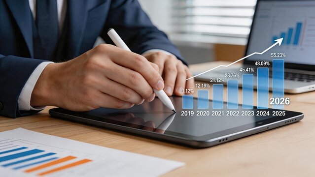 Business growth chart analysis on tablet screen, financial data visualization showing upward trend from two thousand nineteen to two thousand twenty six, strategic planning and