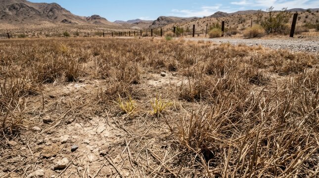 Dry sun-baked Bermuda grass showing signs of severe drought in a desert landscape with arid mountains, parched earth, and a wooden fence under a clear blue sky in summer.