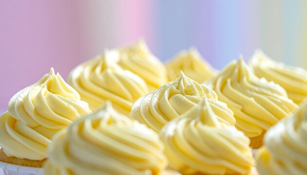 Rows of perfectly piped creamy yellow vanilla buttercream frosting swirls on delicious individual cupcakes close-up