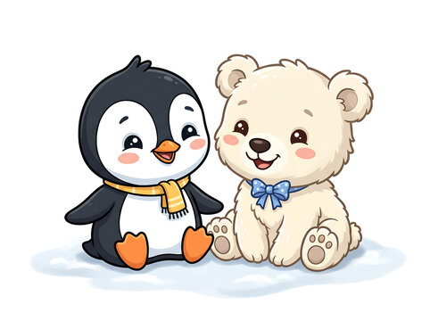 Cute heartwarming cartoon scene of a friendly baby penguin and a small polar bear cub sitting side by side, chibi proportions with large round heads and short limbs