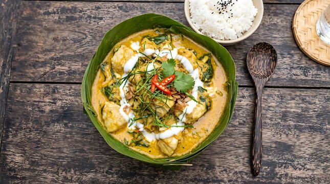 Authentic Thai green curry in banana leaf bowl, spicy coconut milk fish curry with herbs, traditional Southeast Asian cuisine on rustic wooden table