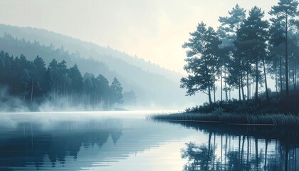 Fototapeta premium Peaceful nature scene with fog and still water, serene minimal landscape