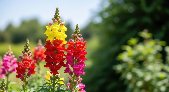 Vibrant snapdragons bloom with tall flower spikes in a lush garden under bright sunlight. Colorful petals create a beautiful summer landscape, growth, close-up, leaf