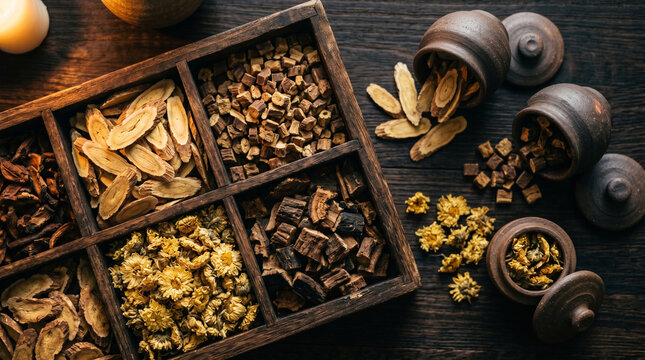 Traditional Chinese medicine herbs in wooden box with clay pots on dark wooden table, top vi