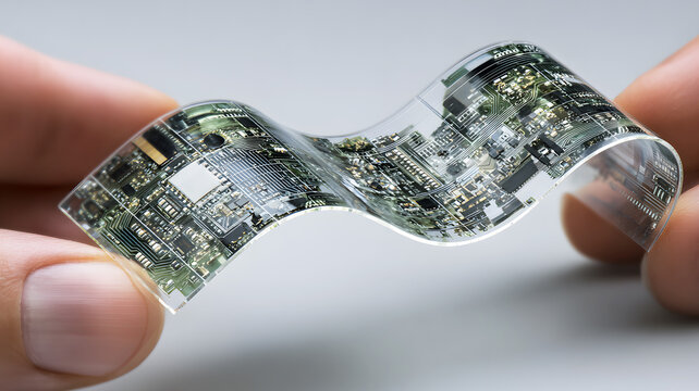 Flexible transparent electronic circuit representing next-gen battery technology, wearable energy systems, advanced semiconductors, and future sustainable electronics innovation.
