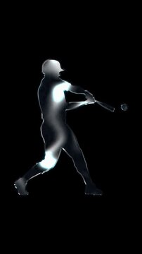 Silver metallic male baseball batter hitting pose silhouette. Alpha channel. Seamless loop video.