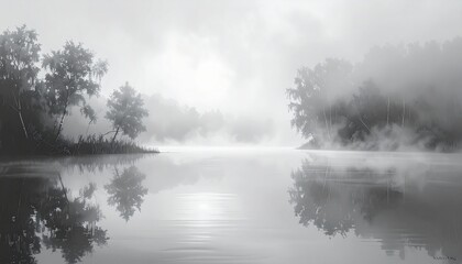Fototapeta premium Quiet nature landscape with fog and reflective water, serene minimal scene