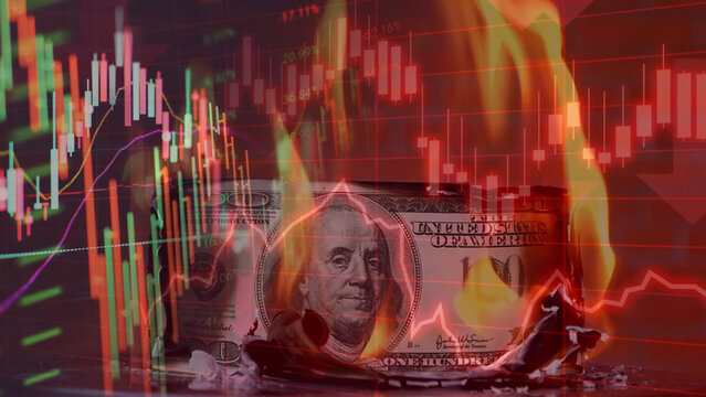American currency is volatile amidst a turbulent economic, investment, and political landscape. The illustration features the national banknote burning in flames alongside declining financial charts 
