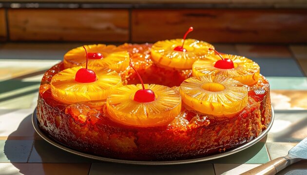 A close-up view of a round pineapple upside down cake adorned with sliced fruit and bright red cherries