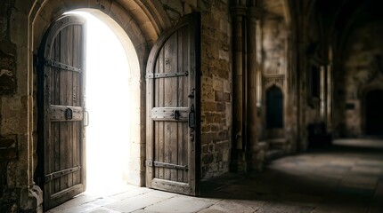 Fototapeta premium Open ancient wooden door in a stone hallway with bright light shining in