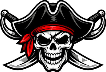 Fototapeta premium Pirate Skull with Crossed Swords Vector Illustration – Jolly Roger Skeleton Head Wearing Pirate Hat and Red Bandana Mascot Logo Design